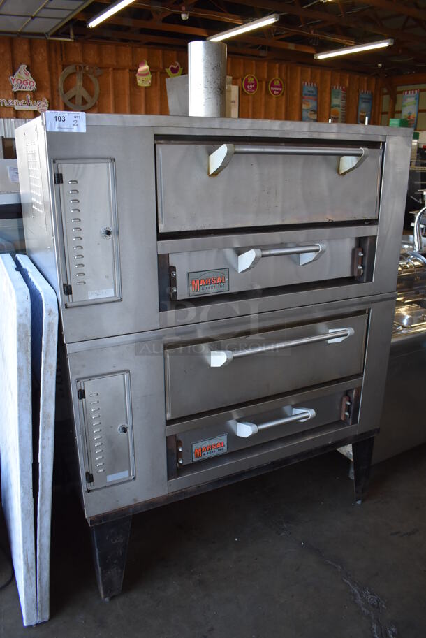 2 2013 Marsal & Sons SD236 Stainless Steel Commercial Natural Gas Powered Single Deck Pizza Oven w/ Cooking Stones on Metal Legs. 95,000 BTU. 52x35x67. 2 Times Your Bid!