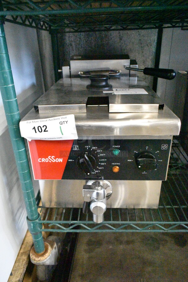 BRAND NEW SCRATCH AND DENT! 2024 Crosson Stainless Steel Commercial Countertop Electric Powered Deep Fat Fryer w/ Metal Lid and Metal Fryer Basket.  - Image 1 of 8