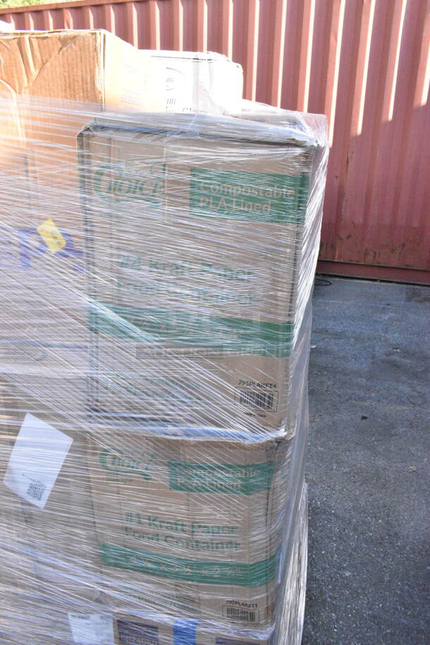 32 BRAND NEW! Items Including 795PLAKFT4 EcoChoice Kraft PLA Lined Compostable #4 Take-Out Container 7 3/4" x 5 1/2" x 3 1/2" - 160/Case, CH24DED Dart ClearPac SafeSeal 24 oz. Tamper-Resistant, Tamper-Evident Container with Dome Lid - 200/Case, 500L4W Choice 4 oz. White Hot Paper Cup Travel Lid - 1000/Case, 50010W Choice 10 oz. White Poly Paper Hot Cup - 1000/Case, 760PIC05 Choice 5 oz. Clear Plastic Dessert Cup - 1000/Case, 394365XL Noble Products Powder-Free Disposable Clear Vinyl Gloves for Foodservice - Extra Large - 1000/Case, 394345L Noble NexGen Powder-Free Disposable Black Hybrid 3 Mil Thick Gloves - Large - 1000/Case, 3 Box 760SOUP8KFT EcoChoice 8 oz. Kraft Paper Food Cup with Vented Lid - 250/Case, 500CC32P Choice Clear PET Plastic Cold Cup - 32 oz. - 500/Case, 47SLWG12 Stemless Wine Glass. 32 Times Your Bid!  - Image 2 of 12