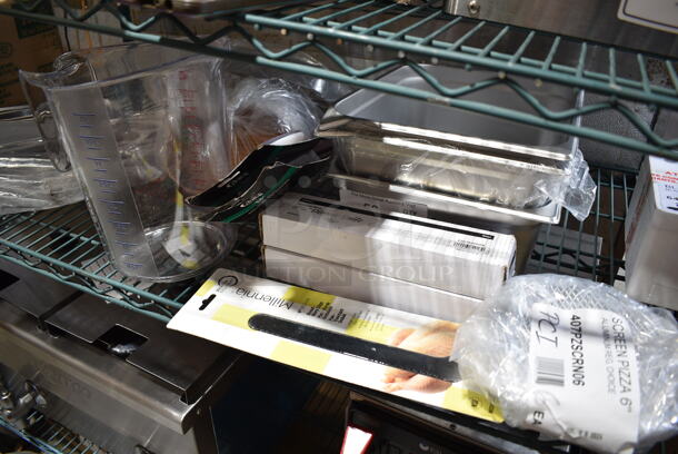 ALL ONE MONEY! Lot of Various BRAND NEW SCRATCH AND DENT! Items Including Stainless Steel Drop In Bins, 407PZSCRN06 Choice 6" Aluminum Pizza Screen, 2 Box 267820008 Acopa Ridge 9 7/16" Stainless Steel Heavy Weight Dinner Knife - 12/Case, Clear Poly Pitcher, 2 Choice 16" High Heat Silicone Spoonula, Main Street Equipment 177PGM30BCOV Back Cover for GMIX30 Mixers, American Metalcraft ABHG46 25 oz. Gold Hammered Aluminum Oval Serving Bowl. - Image 2 of 11