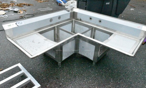 BRAND NEW SCRATCH AND DENT! Regency 600S31620C 57" 16 Gauge Stainless Steel Three Compartment Commercial Corner Sink with 2 Drainboards - 16" x 20" x 14" Bowls. No Legs.  - Image 3 of 10