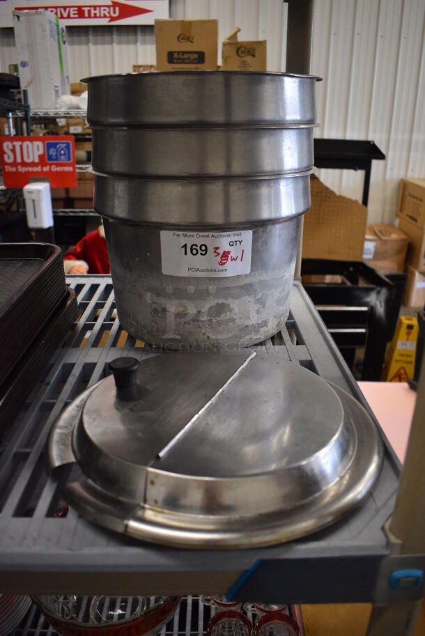 3 Stainless Steel Cylindrical Drop In Bins w/ 1 Lid. 11x11x8.5. 3 Times Your Bid!