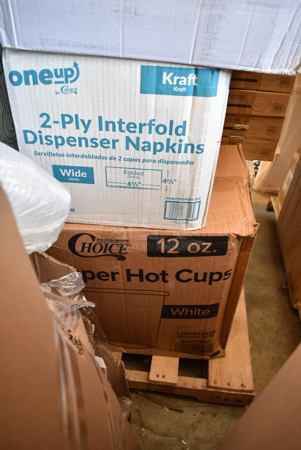 PALLET LOT of 27 BRAND NEW Boxes Including 966UPWIDEKFT-500 OneUp by Choice Kraft 2-Ply Wide Interfold 6 1/2" x 8 1/2" Dispenser Napkin - 6000/Case, 50012W Choice 12 oz. White Poly Paper Hot Cup - 1000/Case, RMB1000CL Royal Paper RMB1000CL 24" Clear Plastic Mesh Produce / Seafood Bag - 1000/Case, 760PIC05 Choice 5 oz. Clear Plastic Dessert Cup - 1000/Case, 130HCUTFWR Visions Individually Wrapped White Heavy Weight Plastic Fork - 1000/Case, D9542 Dixie Large White Travel Lid for 10-20 oz. Cups - 1000/Case, 3 Boxes 346WKFSNSPM Choice White Medium Weight Wrapped Plastic Cutlery Pack with Napkin and Salt / Pepper Packets - 500/Case, 4 Box 304FND304T Acopa Foundations 5 oz. Tan Narrow Rim Melamine Fruit Dish - 12/Case, 128HDLDBULK ChoiceHD Microwavable Translucent Plastic Deli Container Lid - 480/Case, 375SW1430 GET SW-1430-1-CL 3 oz. Customizable SAN Plastic Martini Glass - 24/Case, 5012433M1C Lavex Li'l Herc 12-16 Gallon 1 Mil 24" x 33" Low Density Medium-Duty Clear Can Liner / Trash Bag - 250/Case, 57432Z4045 Merrychef 32Z4045 Teflon® Coated Solid Bottom Basket for eikon e2 Series Ovens, 999RP10CL Choice Crystal 10" Clear Plastic Plate - 20/Pack, 395TO991 EcoChoice 9" x 9" x 3" Compostable Sugarcane / Bagasse 1 Compartment Take-Out Box - 200/Case, 5002CPTE Lavex 2-Ply White Center Pull Paper Towel 510' Roll - 6/Case. 27 Times Your Bid!  - Image 2 of 12