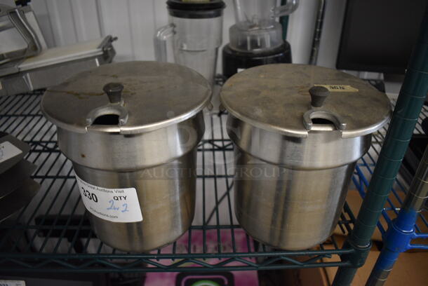 2 Stainless Steel Cylindrical Drop In Bins w/ Lids. 8x8x9. 2 Times Your Bid!