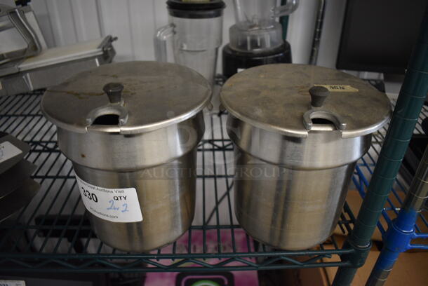 2 Stainless Steel Cylindrical Drop In Bins w/ Lids. 8x8x9. 2 Times Your Bid! - Image 1 of 3