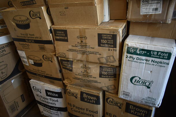 PALLET LOT of 40 BRAND NEW! Boxes Including 2 Box 795PTOKFT8 Choice Kraft Microwavable Folded Paper #8 Take-Out Container 6" x 4 5/8" x 2 1/2" - 300/Case, 795PTOWHT3 Choice 7 3/4" x 5 1/2" x 2 1/2" White Microwavable Folded Paper #3 Take-Out Container - 200/Case, 2 Box 129MCR16B Choice 16 oz. Black 6 1/4" Round Microwavable Heavy Weight Container with Lid - 150/Case, 2 Box 5002DNAP Choice White 2-Ply Dinner Napkin 17" x 15" - 3000/Case, 90MFPPHT3R Dart ProPlanet Hinged Trays, 129MCR32B Choice 32 oz. Black Round Microwavable Heavy Weight Container with Lid 7 1/4" - 150/Case, 105GC47972 Choice 2 Part Green and White Carbonless Guest Check with Beverage Lines and Bottom Guest Receipt - 2000/Case, 2 Box Ghiradrdelli White Chocolate Flavored Sauce, Noble Medium Gloves, 128HD16COMBO ChoiceHD 16 oz. Microwavable Translucent Plastic Deli Container and Lid Combo Pack - 240/Case, T-Shirt Bags, GS18 American Metalcraft GS18 18" Round Wrought Iron Griddle with Matching Stand, Choice 16 oz Deli Container and Lid, 40313CDRSS Choice 13 Qt. Stainless Steel Colander with Base and Handles, Choice Insulated Foil Sandwich Sheets. 40 Times Your Bid! - Image 4 of 11