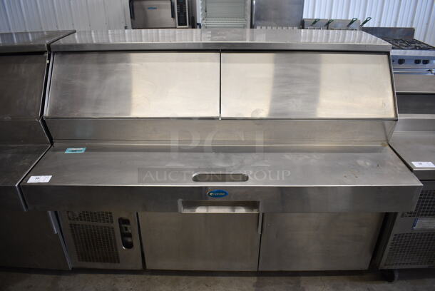 Randell Model PH72E3 Stainless Steel Commercial Sandwich Salad Prep Table Bain Marie Mega Top w/ 2 Doors on Commercial Casters. 72x41.5x55. Tested and Powers On But Does Not Get Cold