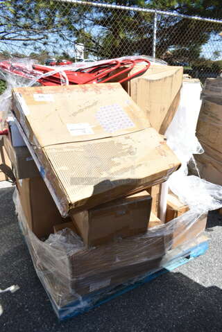 PALLET LOT of 22 BRAND NEW Boxes Including 496ALPF2X22PK American Louver Company 24" x 24" Plaster Frame ALPF2X2-2PK - 2/Pack, 427SD2828MP Lancaster Table & Seating Excalibur 27 1/2" x 27 1/2" Square Table Top with Textured Mixed Plank Finish, Vollrath 4932-13 Traex® Color-Mate™ 32 oz. Clear Single Tip Standard Squeeze Bottle,  600WS1830HD Regency 18" x 30" 16 Gauge Stainless Steel Heavy-Duty Solid Wall Shelf, 124ASEAG12 American Metalcraft ASEAG12 12" Round Gold Hammered Aluminum Seafood Tray, 4447572 Lavex 2.5 Gallon Plastic Dispensing Container. 22 Times Your Bid! 