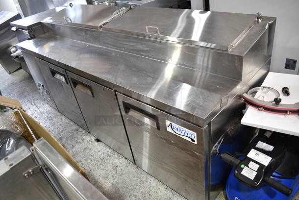 BRAND NEW SCRATCH AND DENT! 2023 Avantco 178APPT91HC Stainless Steel Commercial Pizza Prep Table. Comes w/ Commercial Casters. 115 Volts, 1 Phase. Tested and Does Not Power On - Image 2 of 9