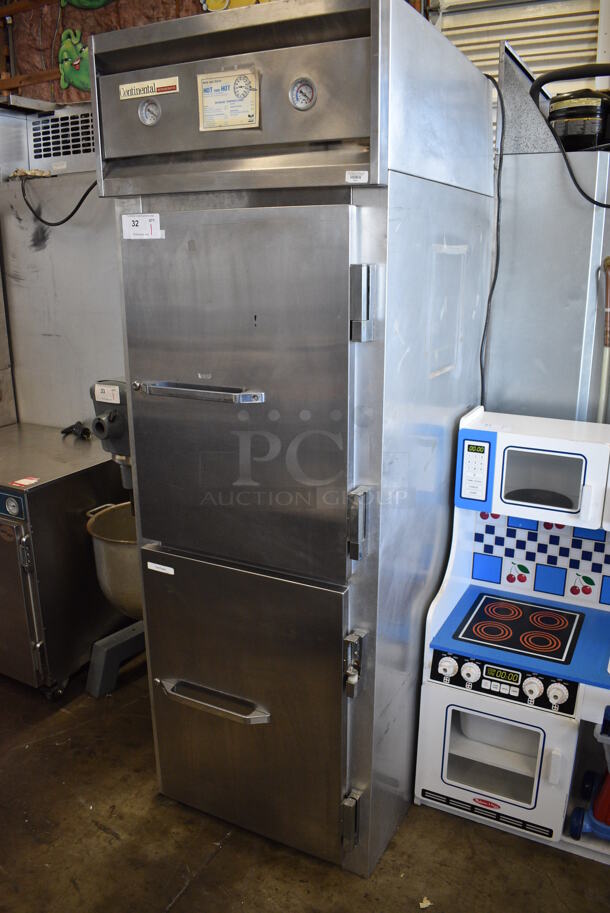 Continental Model 1RF Stainless Steel Commercial 2 Half Size Door Reach In Cooler Freezer Dual Temperature Unit. Comes w/ 4 Legs. 115 Volts, 1 Phase. 26x34x77.5. Tested and Powers On But Does Not Get Cold