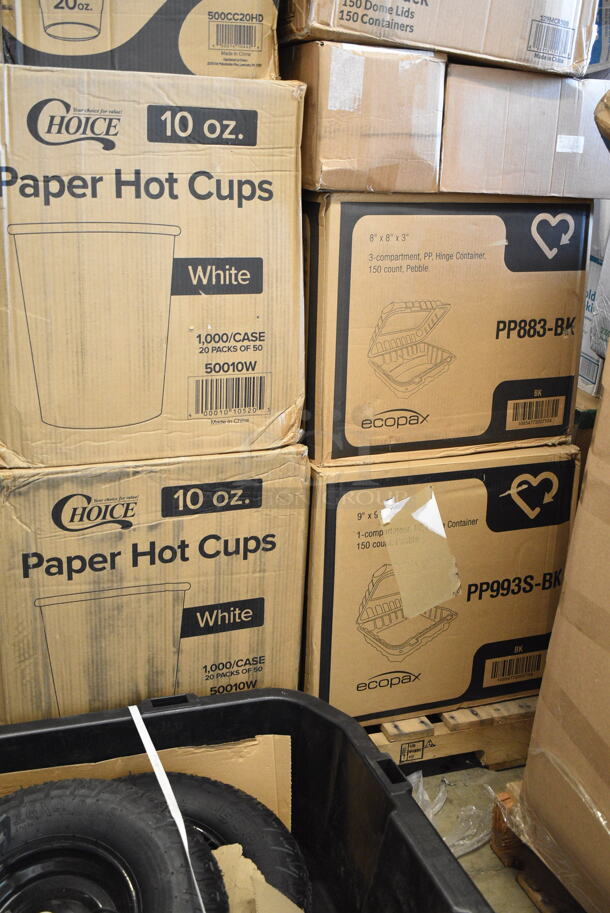 PALLET LOT of 31 BRAND NEW Boxes Including 2 Box PP883-BK Ecopax Hinge Containers, 2 Box 50010W Choice 10 oz. White Poly Paper Hot Cup - 1000/Case, 129MCR50B Choice 43 oz. Black Round Microwavable Heavy Weight Container with Lid 9" - 150/Case, 500CC20HD 20 oz. Plastic Cold Cup - 600/Case, 2 Box 129MCS28B Choice 28 oz. Black Rectangular Microwavable Heavy Weight Container with Lid 8 3/4" x 6 1/4" x 1 3/4" - 150/Case, 128HD8COMBO ChoiceHD 8 oz. Microwavable Translucent Plastic Deli Container and Lid Combo Pack - 240/Case, 164CUSHMCMVN Lancaster Table & Seating Vintage Wood Seat for Mid-Century Chairs and Barstools, 2 Box Tablecraft 8032A PourMaster Complete 1 Qt. White Pour Bottle Kit with Assorted Color Spouts and Caps - 12/Pack, Choice 24" White Disposable Polypropylene Bouffant Cap - 100/Pack, 50020W Choice 20 oz. White Poly Paper Hot Cup - 600/Case, 600SOS1236 Regency Stainless Steel Single Deck Overshelf - 12" x 36" x 19 1/4", 5 Box 4331824PEA Choice 18" x 24" Pink / Peach Butcher Paper Sheets - 1000/Case, 12" Corrugated White Circles, 3698239413 Frymaster 8239413 20 3/8" x 28" Stainless Steel Fryer Cover for MJ1CF and MJCF Series, 795PTOBK8 Choice Black Microwavable Folded Paper #8 Take-Out Container 6" x 4 3/4" x 2 1/2" - 300/Case, 303BWREB16 Acopa 16 oz. Bright White Wide Rim Rolled Edge Rim Stoneware Soup and Pasta Bowl - 12/Case, 795PTOKFT3 Choice Kraft Microwavable Folded Paper #3 Take-Out Container 7 3/4" x 5 1/2" x 2 1/2" - 200/Case, 502404816CL Lavex 40-45 Gallon 16 Micron 40" x 48" High Density Janitorial Can Liner / Trash Bag - 250/Case. 31 Times Your Bid!  - Image 2 of 12