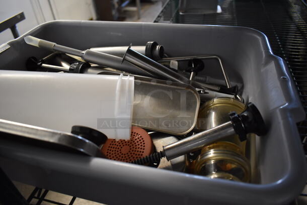 ALL ONE MONEY! Lot of Various Metal Pieces to Server Pumps in Gray Poly Bus Bin - Image 4 of 5