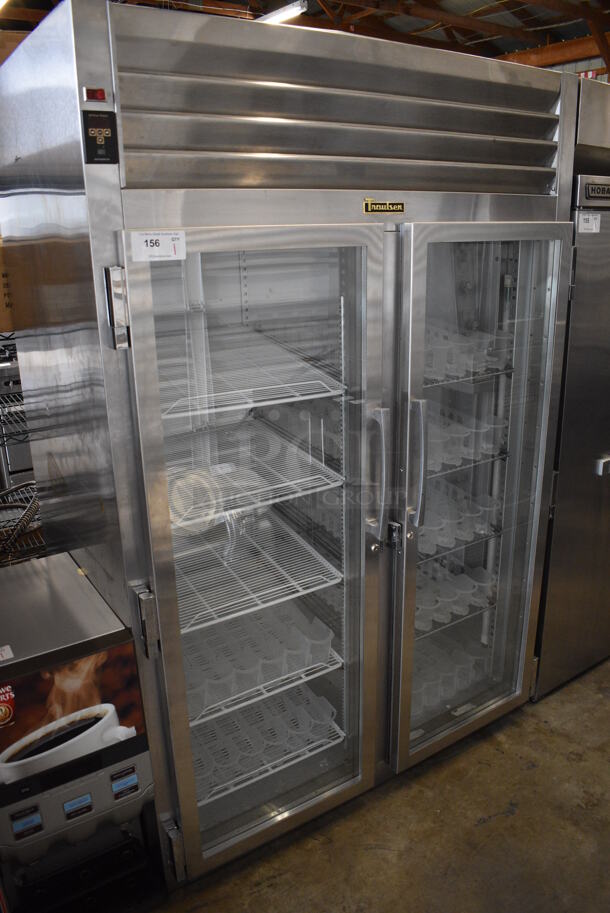 Traulsen AHT232NUT-FHG Stainless Steel Commercial 2 Door Reach In Cooler Merchandiser w/ Metal Racks and Drink Sliders. 115 Volts, 1 Phase. 52x36x83.5. Tested and Working!