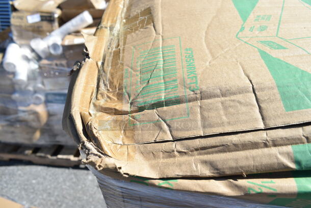 PALLET LOT of 28 BRAND NEW Boxes Including 795NRKFT3 New Roots Kraft PLA-Lined Compostable #3 Take-Out Container 7 3/4" x 5 1/2" x 2 1/2" - 200/Case, 129MCS242CB Choice 30 oz. Black 8 3/4" x 6" x 2 3/4" 2-Compartment Rectangular Microwavable Heavy Weight Container with Lid - 150/Case, 128HD8COMBO ChoiceHD 8 oz. Microwavable Translucent Plastic Deli Container and Lid Combo Pack - 240/Case, 5014046XXH Lavex Pro 45 Gallon 3 Mil 40" x 46" Low Density Heavy-Duty Industrial Contractor Black Trash Bag / Can Liner - 50/Case, 347RPBD10WHG Visions 10" White Plastic Plate with Gold Bands - 120/Case, 2 Box 966TALLFLDB Choice White Tall-Fold 6" x 13" Dispenser Napkin - 8000/Case, 24510PIZZAPAD Choice Single Face Corrugated Pizza Pad - 10" x 10" - 200/Case, 127P2B Choice Black Plastic Souffle Cup / Portion Cup - 2 oz. - 2500/Case, 130BSPOONWP Choice Individually Wrapped Medium Weight Black Plastic Teaspoon - 1000/Case, 4 Box 130BKFORKH Choice Black Heavy Weight Plastic Fork - 1000/Case, Fineline 42RBFL Conserveware PETE Flat Lid for 24/32/40 oz. Round Bowls - 300/Case. 28 Times Your Bid!  - Image 2 of 12