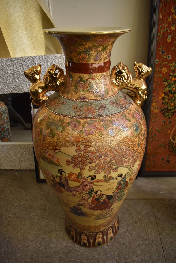 Ornate Asian Style Vase w/ Foo Dog Handles.