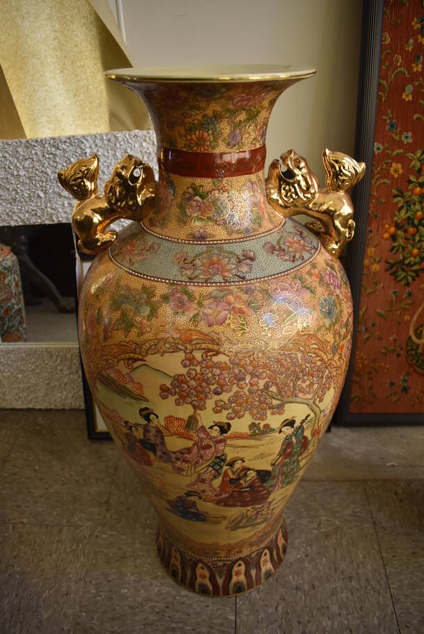 Ornate Asian Style Vase w/ Foo Dog Handles. - Image 1 of 9