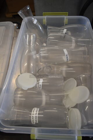 Lot of 17 Clear Poly Bottles and Lids in Clear Bin