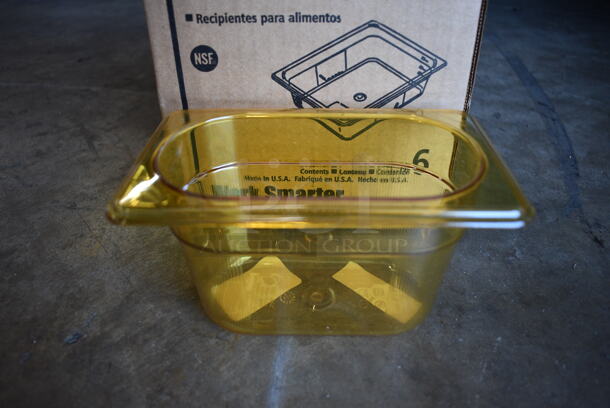 6 BRAND NEW IN BOX! Rubbermaid Poly Amber Colored 1/9 Size Drop In Bins. 1/9x4. 6 Times Your Bid!