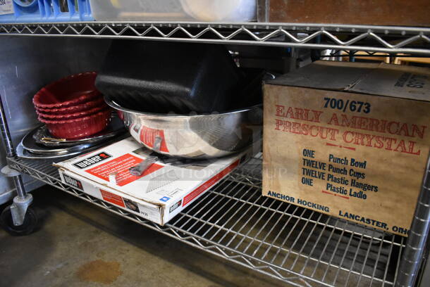 ALL ONE MONEY! Tier Lot of Various Items Including Poly Bowls, Metal Trays, Weber Grill Grate, Metal Bowl and Punch Bowl Set