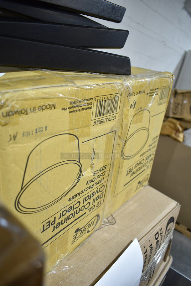 PALLET LOT of 25 BRAND NEW Boxes Including 2 Box 500LFLAT Choice Clear Flat Lid with Straw Slot - 9, 12, 16, 20, and 24 oz. - 1000/Case, 500TO993C3 Choice 9" x 9" x 3" Microwaveable 3-Compartment Black / Clear Plastic Hinged Container - 100/Case, 2 Box 127DM12BULK Choice 12 oz. Ultra Clear PET Plastic Round Deli Container - 500/Case, 127RD12BULK Choice 12 oz. Customizable Microwavable Translucent Round Deli Container - 500/Case, 2 Box 5002TPJPREM Lavex Premium 2-Ply 720' Universal Jumbo Toilet Paper Roll with 9" Diameter - 12/Case, 129MCS38B Choice 38 oz. Black Rectangular Microwavable Heavy Weight Container with Lid 8 3/4" x 6 1/4" x 2" - 150/Case, Carlisle KL12705 Kingline 12" x 9" x 1 3/16" Red Oval Platter - 12/Case, Choice 4 oz Portion Cups, 5004NAP1/4WH Choice White Linen-Feel 1/4 Fold Dinner Napkin - 800/Case, 3 Box 394365L Noble Products Powder-Free Disposable Clear Vinyl Gloves for Foodservice - Large - 1000/Case, 500TO883 Choice 8" x 8" x 3" Microwaveable 1-Compartment Black / Clear Plastic Hinged Container - 100/Case, 19343C Arcoroc 16 oz. Customizable Fully Tempered Mixing Glass / Pint Glass by Arc Cardinal - 24/Case, 612605070 Choice Full Size Foil Steam Table Pan Deep 3 3/8" Depth - Full Size Deep - 50/Case, 760FFMEDFRY Choice Medium 12 oz. Paper Scoop Cup with Fry Design - 1000/Case. 25 Times Your Bid! - Image 6 of 12