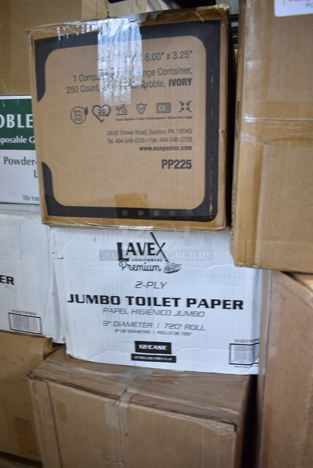 PALLET LOT of 25 BRAND NEW Boxes Including 2 Box 500LFLAT Choice Clear Flat Lid with Straw Slot - 9, 12, 16, 20, and 24 oz. - 1000/Case, 500TO993C3 Choice 9" x 9" x 3" Microwaveable 3-Compartment Black / Clear Plastic Hinged Container - 100/Case, 2 Box 127DM12BULK Choice 12 oz. Ultra Clear PET Plastic Round Deli Container - 500/Case, 127RD12BULK Choice 12 oz. Customizable Microwavable Translucent Round Deli Container - 500/Case, 2 Box 5002TPJPREM Lavex Premium 2-Ply 720' Universal Jumbo Toilet Paper Roll with 9" Diameter - 12/Case, 129MCS38B Choice 38 oz. Black Rectangular Microwavable Heavy Weight Container with Lid 8 3/4" x 6 1/4" x 2" - 150/Case, Carlisle KL12705 Kingline 12" x 9" x 1 3/16" Red Oval Platter - 12/Case, Choice 4 oz Portion Cups, 5004NAP1/4WH Choice White Linen-Feel 1/4 Fold Dinner Napkin - 800/Case, 3 Box 394365L Noble Products Powder-Free Disposable Clear Vinyl Gloves for Foodservice - Large - 1000/Case, 500TO883 Choice 8" x 8" x 3" Microwaveable 1-Compartment Black / Clear Plastic Hinged Container - 100/Case, 19343C Arcoroc 16 oz. Customizable Fully Tempered Mixing Glass / Pint Glass by Arc Cardinal - 24/Case, 612605070 Choice Full Size Foil Steam Table Pan Deep 3 3/8" Depth - Full Size Deep - 50/Case, 760FFMEDFRY Choice Medium 12 oz. Paper Scoop Cup with Fry Design - 1000/Case. 25 Times Your Bid! - Image 8 of 12