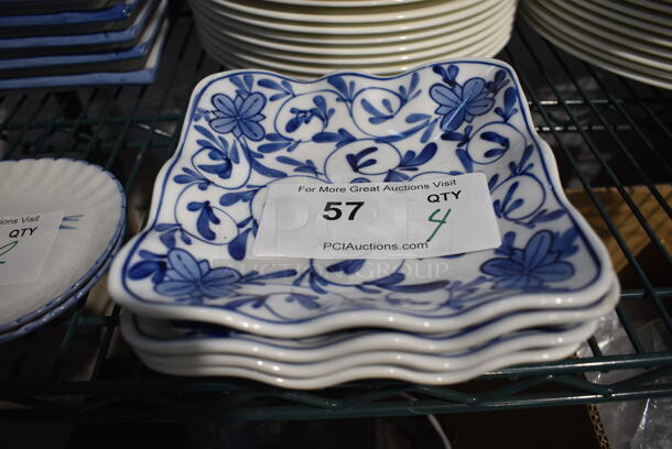4 White and Blue Ceramic Square Plates. 6.75x6.75x1. 4 Times Your Bid!
