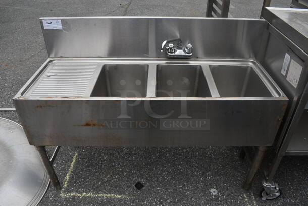 Stainless Steel Commercial 3 Bay Sink w/ Left Side Drainboard, Faucet and Handles. 48x18.5x36. Bays 10x14x9. Drainboard 12x16x1