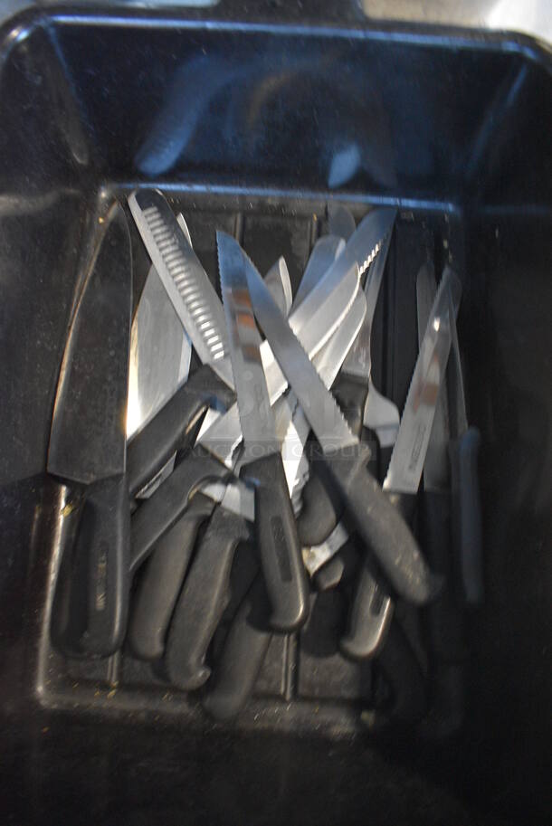 ALL ONE MONEY! Lot of Various Metal Knives in Black Poly Bus Bin!
