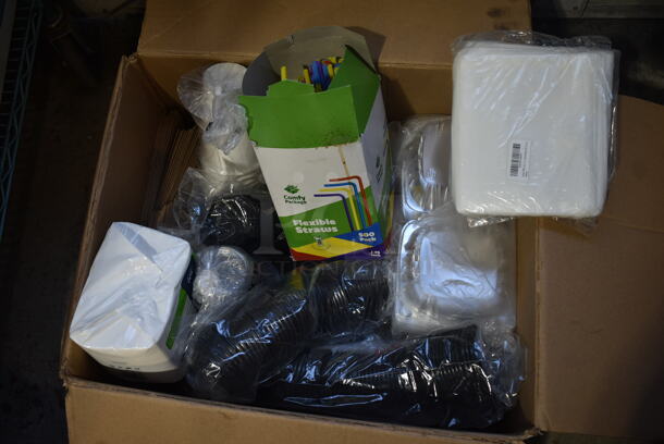 ALL ONE MONEY! Lot of 4 Boxes of Various Items Including Plastic Lids, Straws and Napkins - Image 2 of 7