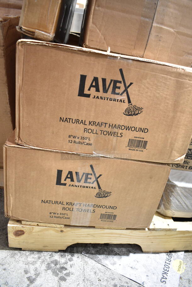 PALLET LOT of 35 BRAND NEW Boxes Including 2 Box 5001RT350N Lavex Natural Kraft Hardwound Paper Towel, 350 Feet / Roll - 12/Case, 3492424ANTWA Lancaster Table & Seating Square Industrial Solid Wood Live Edge Table Top with Antique Walnut Finish, Choice 9" x 6" x 3" Microwaveable 1-Compartment Black / Clear Plastic Hinged Container - 100/Case, C850 Sugar Sub Sitrrer, 395OP12 EcoChoice Compostable Sugarcane / Bagasse 10" x 12 1/2" Oval Platter - 500/Case, 128HD8BULK ChoiceHD 8 oz. Microwavable Translucent Plastic Deli Container - 480/Case, 394345XL Noble NexGen Powder-Free Disposable Black Hybrid 3 Mil Thick Gloves - Extra Large - 1000/Case, 433NHT101H Choice 1/6 Standard Size White "Thank You" Medium-Duty Plastic T-Shirt Bag - 1000/Case, 59448 Georgia Pacific Jumbo Bath Tissue Dispenser, 50010WRAPRIP Lavex 10 oz. Kraft Ripple Individually Wrapped Paper Hot Cup - 500/Case, 2 Box 395TO961PF EcoChoice 9" x 6" x 3" No PFAS Added Natural Bagasse Blend Take-Out Container - 200/Case, Fineline 15234M-FL Super Bowl Plus Clear Flat PET Plastic Lid for 24, 32, and 48 oz. Square Bowls - 300/Case, 351302090155 Cooking Performance Group 351302090155 4 3/4" Plate Caster with Brake for S24, S36, and S60 Series, 351302090156 Cooking Performance Group 351302090156 4 3/4" Plate Caster for S24, S36, and S60 Series, Choice Film and Foil Dispenser Cutter, 190FSL34 7 3/4" Floor Drain Strainer with 3/4" Depth, 600UDT2442 Regency 42" x 21" Stainless Steel Dish Table Undershelf for 4' Dish Tables. 35 Times Your Bid! - Image 3 of 12