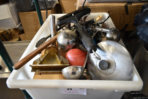 ALL ONE MONEY! Lot of Various Items Including Utensils, Metal Lid, Scraper in Poly Bin - Image 1 of 5