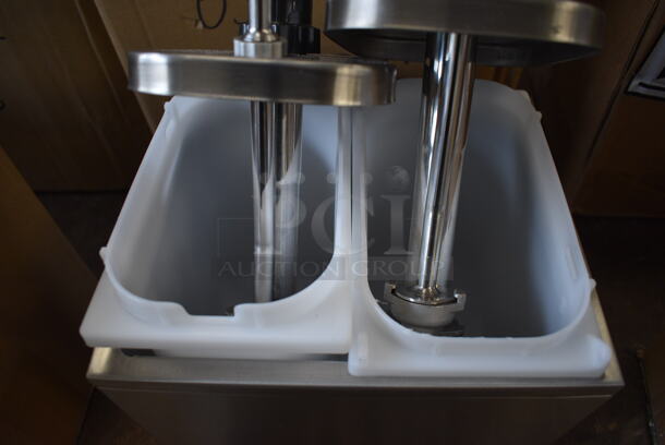 BRAND NEW! Servsense Stainless Steel Countertop Condiment Rail w/ 2 White Poly Drop Ins and 2 Pump Lids. 9.5x12x13 - Image 4 of 6