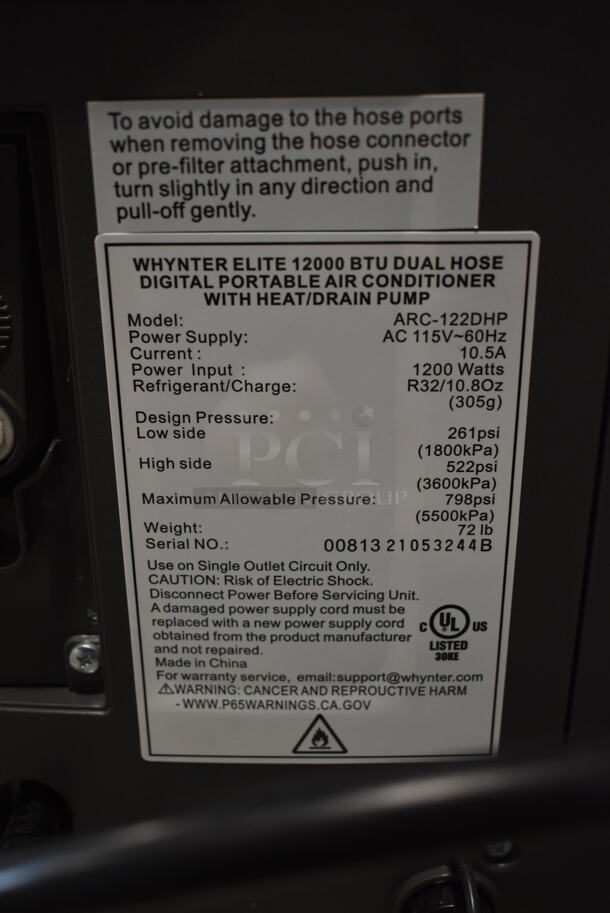 BRAND NEW SCRATCH AND DENT! Whynter Elite ARC-122DHP Dual Hose Digital Portable Air Conditioner w/ Heat Drain Pump. Comes w/ Original Accessories. 115 Volts, 1 Phase. Tested and Working! - Image 6 of 7