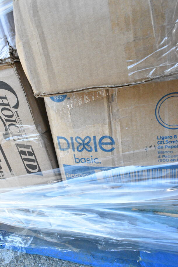 31 BRAND NEW Boxes Including 760IC08W Frozen Yogurt Cups Choice 8oz, 394325M Noble NexGen Powder-Free Disposable Blue Hybrid 3 Mil Thick Gloves M, 966UPWIDEB-500 OneUp by Choice White 2-Ply Wide Interfold 6 1/2" x 8 1/2" Dispenser Napkin - 6000/Case, 795PTOKFT3 Choice Kraft Microwavable Folded Paper #3 Take-Out Container 7 3/4" x 5 1/2" x 2 1/2", 150LFFBAG Carnival King 5" x 1" x 4" Large Kraft French Fry Bag - 2000/Case, 347TCL12 Choice 12 oz. Clear Disposable Plastic Tumbler - 500/Case, 128HD16COMBO Choice Heavy Duty 16 oz. Microwavable Translucent Plastic Deli Container and Lid Combo Pack - 240/Case, 127CH16F Choice 16 oz. Clear RPET Tall Hinged Deli Container - 200/Case, 2 Box 395RP07 EcoChoice Compostable Sugarcane / Bagasse 7" Plate - 1000/Case, 127CH08 Choice 8 oz. Clear RPET Tall Hinged Deli Container - 200/Case, 500CFT Lavex White C-Fold Standard Weight Towel - 2400/Case, 395TO881 EcoChoice 8" x 8" x 3" Compostable Sugarcane / Bagasse 1 Compartment Take-Out Box - 200/Case, 160TCPR83WH Choice 83" Round White Seamless 100% Spun Polyester Hemmed Cloth Table Cover, 347TCL12 Choice 12 oz. Clear Disposable Plastic Tumbler - 500/Case, Stolzle 3770002T Revolution 13 oz. White Wine Glass - 6/Pack, 182PB1824 Choice 18" x 24" Plastic Produce Bag on a Roll - 4/Case, 3 Box Fineline 3311-BK Platter Pleasers 9 1/4" Black Heavy-Duty Disposable Plastic Scalloped Serving Tongs - 24/Case. 31 Times Your Bid!  - Image 9 of 12