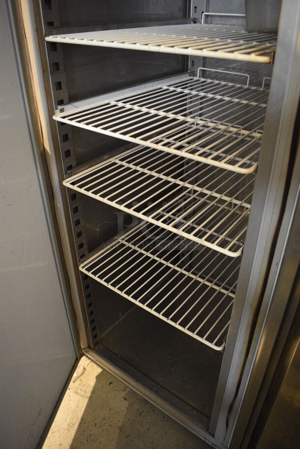 CustomCool Stainless Steel Commercial 2 Door Reach In Cooler w/ Poly Coated Racks on Commercial Casters. 115 Volts, 1 Phase. 55.5x32x80. Tested and Powers On But Temps at 52 Degrees - Image 4 of 5