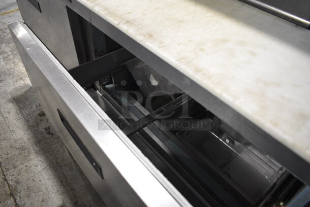 Delfield Stainless Steel Commercial Sandwich Salad Prep Table Bain Marie Mega Top w/ Cutting Board, Over Shelf and 4 Drawers on Commercial Casters. 115 Volts, 1 Phase. 65x33x55. Tested and Powers On But Temps at 49 Degrees - Image 6 of 7