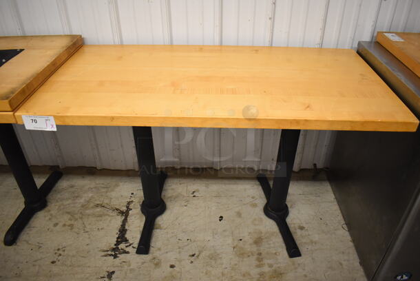 Wooden Table on 2 Black Metal Straight Leg Table Bases. Stock Picture - Cosmetic  Condition May Vary.  48x24x29.5