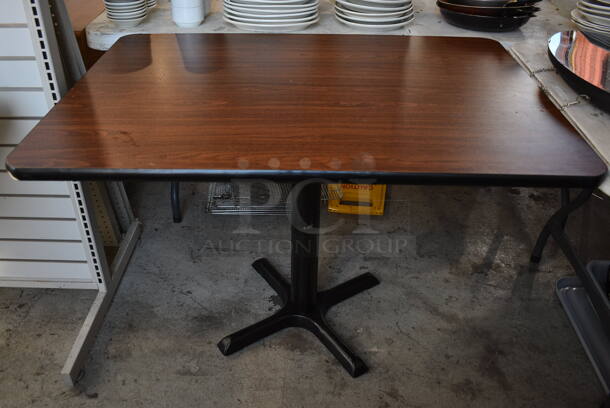 2 Wood Pattern Dining Height Tables on Black Metal Table Base. 42x30.5x29. 2 Times Your Bid!