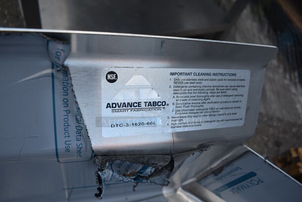BRAND NEW! Advance Tabco DTC-3-1620-66L Stainless Steel 3 Bay Dishwasher Table. Bays 16x20x12 - Image 8 of 8