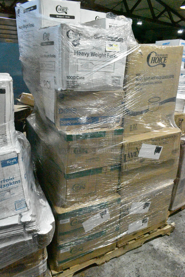 PALLET LOT of 23 BRAND NEW Boxes Including 130WWHFORKH Choice White Heavy Weight Wrapped Plastic Fork - 1000/Case, Fineline 5080-BK Super Bowl 80 oz. Black PET Plastic Bowl - 25/Case, DBP09HAM2015 Dixie Hampton Inn Dixie Basic 8-1/2" Plate Case Of 500, 760SOUP8WPA Choice 8 oz. White Double Poly-Coated Paper Food Cup with Vented Paper Lid - 250/Case, 4 Box 5001RT800B Lavex 8" White Hardwound Paper Towel, 800 Feet / Roll - 6/Case, 2 Box 395TO961 EcoChoice 9" x 6" x 3" Compostable Sugarcane / Bagasse 1 Compartment Take-Out Container - 200/Case, 395TO991 EcoChoice 9" x 9" x 3" Compostable Sugarcane / Bagasse 1 Compartment Take-Out Box - 200/Case, 2 Box 128HD12COMBO Choice Heavy Duty 12 oz. Microwavable Translucent Plastic Deli Container and Lid Combo Pack - 240/Case, 50010W Choice 10 oz. White Poly Paper Hot Cup - 1000/Case. 23 Times Your Bid!  - Image 1 of 12