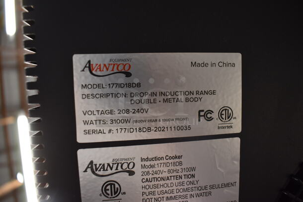 BRAND NEW! Avantco 1771D18DB Commercial Electric Black Drop-In  Double Induction Range/Induction Cooker. 208-240V. Tested And Working!  - Image 6 of 7