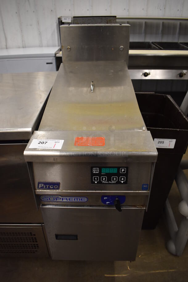 2020 Pitco Frialator SSPG14 Solstice Supreme Stainless Steel Commercial Floor Style Natural Gas Powered Pasta Cooker w/ Metal Bin and Lid. 60,000 BTU. 15.5x36x49