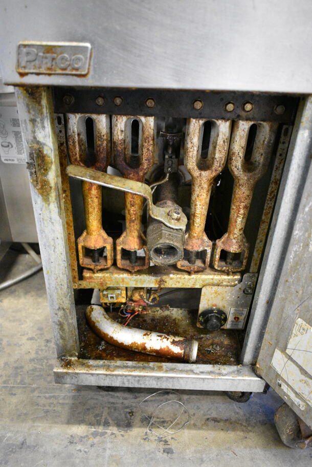 Pitco Frialator Stainless Steel Commercial Floor Style Natural Gas Powered Deep Fat Fryer w/ 2 Metal Fry Baskets on Commercial Casters.  - Image 5 of 9