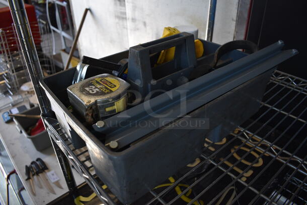 ALL ONE MONEY! Lot of Various Items Including 25' Tape Measure and Metal Bracket in Gray Tool Box - Image 1 of 4