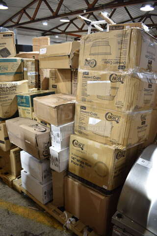 PALLET LOT of 25 BRAND NEW Boxes Including 3 Box 760PIC05 Choice 5 oz. Clear Plastic Dessert Cup - 1000/Case, 407PZWRIM14 Choice 14" Wide Rim Pizza Pans, 2 Box 922EC14 Acopa Round Roll Top Chafer, Baker's Mark 15" x 11 1/2" x 2 1/4" White Customizable Auto-Popup Donut / Bakery Box - 100/Bundle, 50010DWALLW Choice 10 oz. White Smooth Double Wall Paper Hot Cup - 500/Case, 128HD16COMBO ChoiceHD 16 oz. Microwavable Translucent Plastic Deli Container and Lid Combo Pack - 240/Case, 433NHT003 Choice 1/5 Large Size White Unprinted Medium-Duty T-Shirt Bag - 500/Case, 394385L Noble Products Powder-Free Disposable Latex Gloves for Foodservice - 1000/Case, 3 Box 130WFORK Choice Individually Wrapped Medium Weight White Plastic Fork - 1000/Case. 25 Times Your Bid!