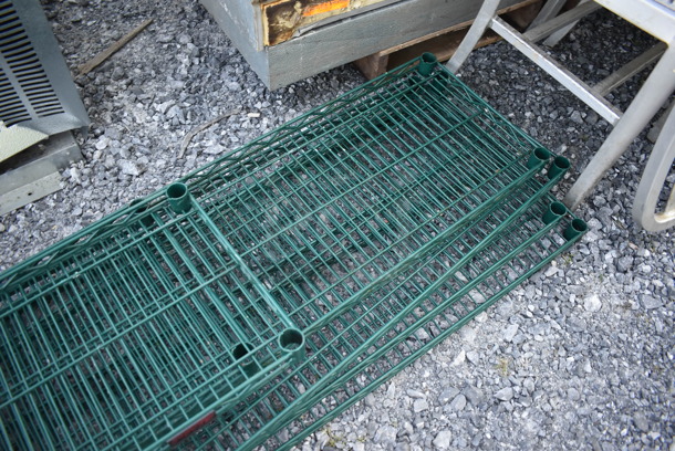 ALL ONE MONEY! Lot of 6 Green Finish Wire Shelves and 5 Brackets on Poles. Includes 30x14x1.5, 60x14x1.5 - Image 4 of 4