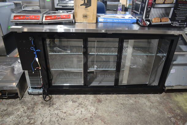 BRAND NEW SCRATCH AND DENT! 2023 Avantco 178UBB72SHC Stainless Steel Commercial 3 Door Back Bar Cooler Merchandiser. Missing 1 Door. 115 Volts, 1 Phase.  Tested and Does Not Power On - Image 2 of 9
