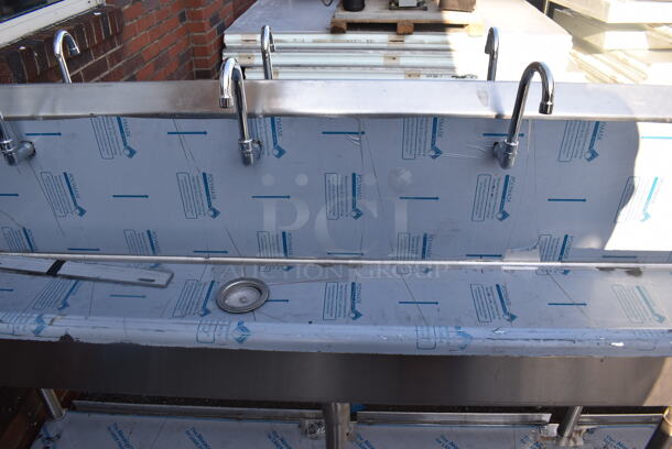 BRAND NEW SCRATCH AND DENT! Advance Tabco FS-FMM-100FV Stainless Steel 16 Gauge Multi Station Hand Sink w/ 5 Faucets, 5 Foot Pedals and Under Shelf. 100x18.5x44 - Image 6 of 8
