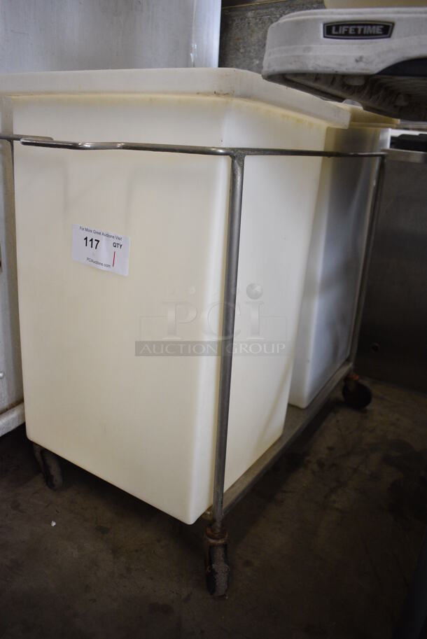 Two White Poly Ingredient Bins w/ Lids in Metal Frame on Commercial Casters. 16.5x33x29 - Image 4 of 5