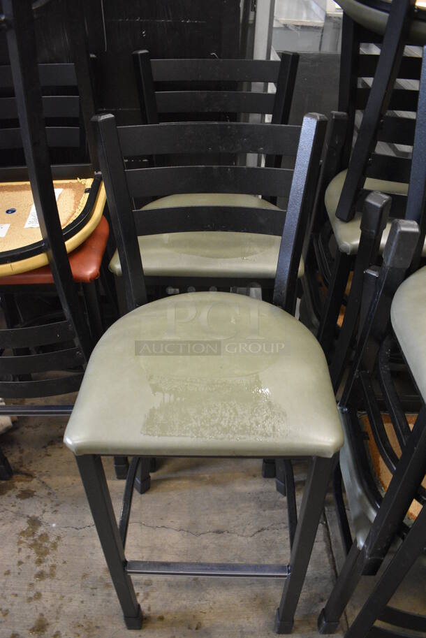 2 Black Metal Bar Height Chairs w/ Green Seat Cushions. 17x18x44. 2 Times Your Bid!